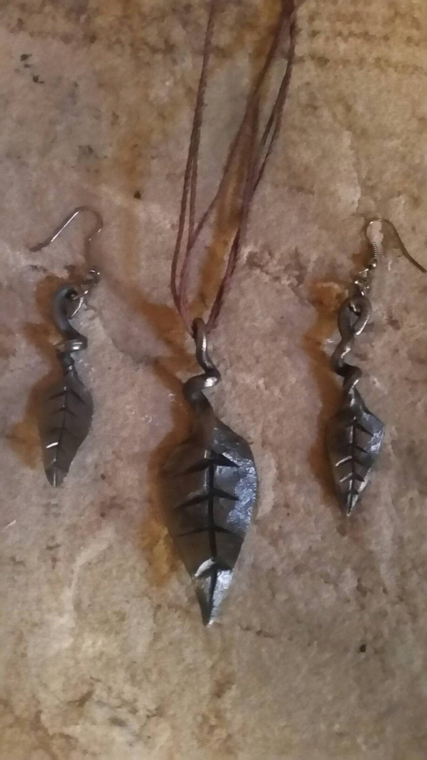 Forged leaf necklace and earing set