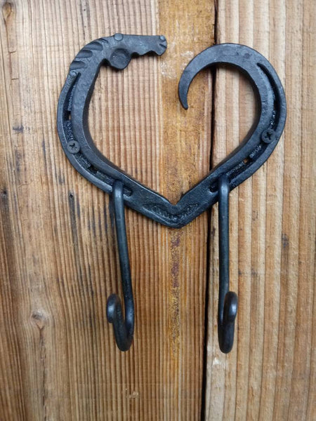 Horseshoe heart horse head double hook, hand forged