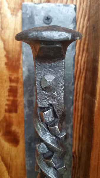 Hand forged railroad spike door handle cube twist